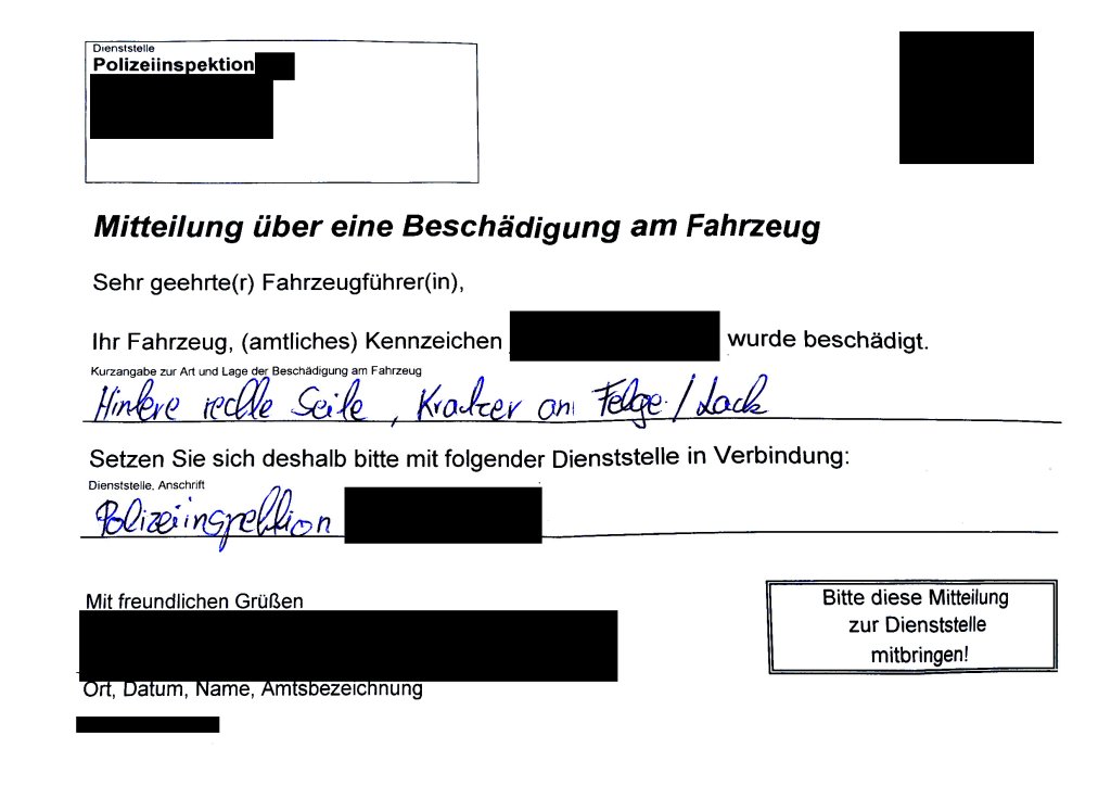 Polizeibrief über Beschaedigung am Fahrzeug.