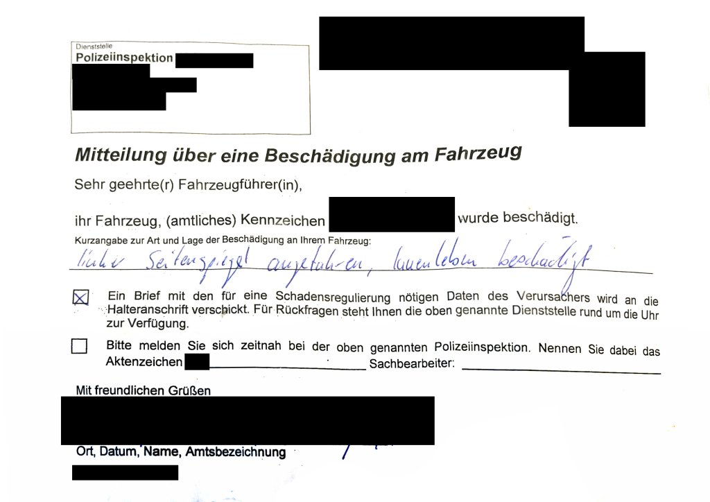 Polizei Zettel Windschutzscheibe.