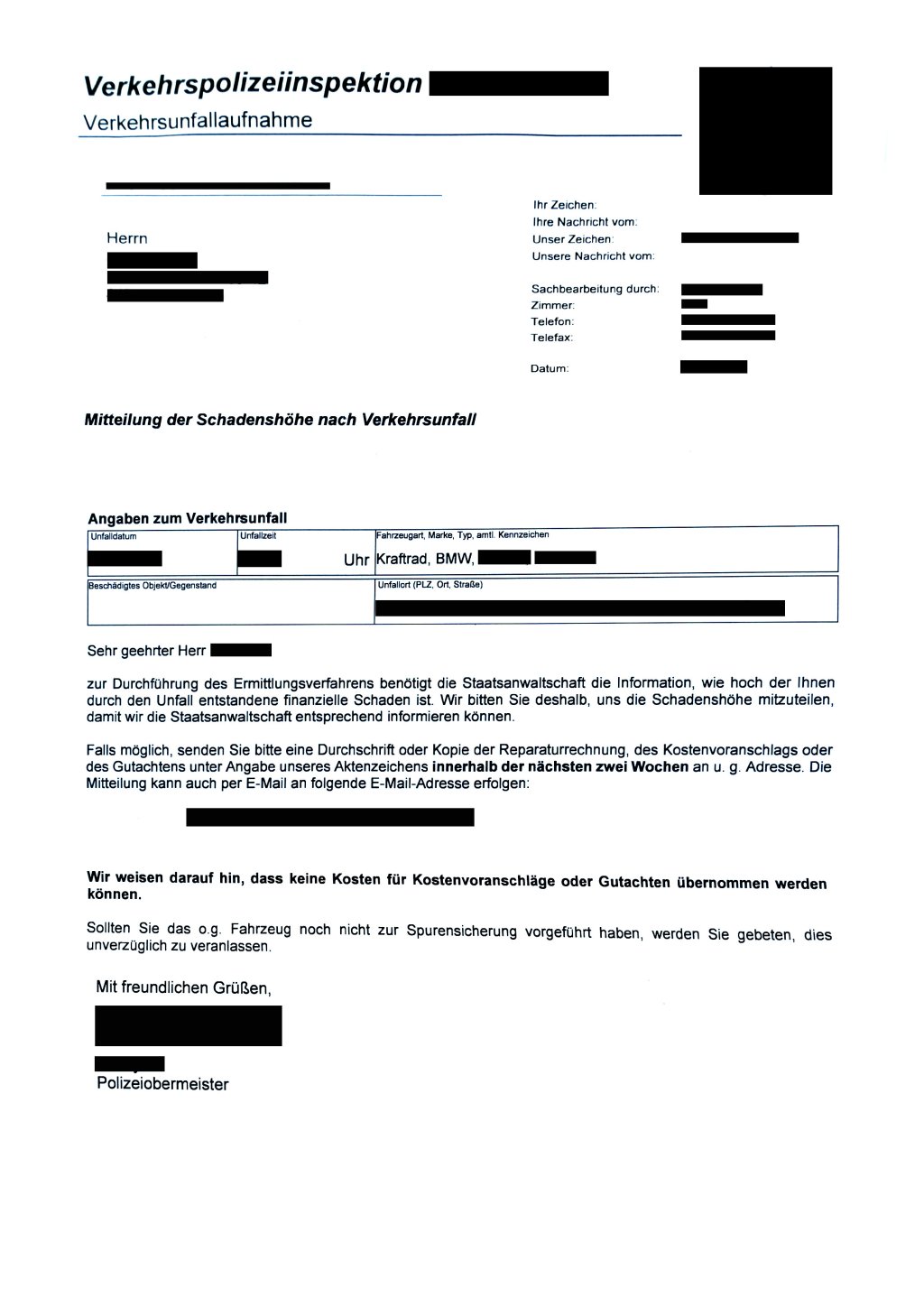 Polizeibrief über Mitteilung der Schadenshoehe nach dem Unfall.