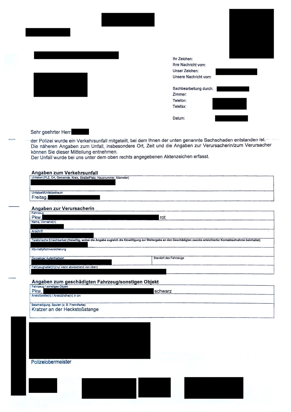Polizeibrief über Angaben zum Verkehrsunfall.